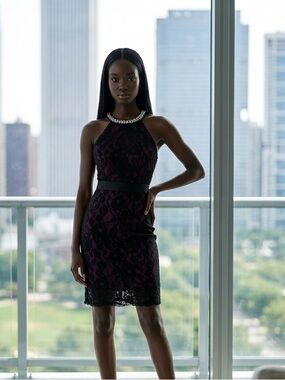 Sequin Hearts Black & Mauve Open Back Lace Dress